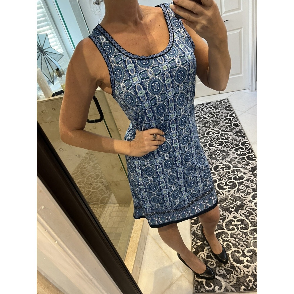 Max Studio Blue Knit Print Keyhole Back Stretch Sleeveless Dress L